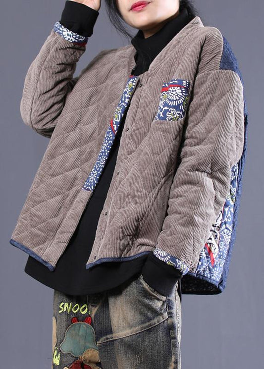  women plus size Jackets overcoat gray patchwork blue stand collar parkas -  - DYAVOR® 