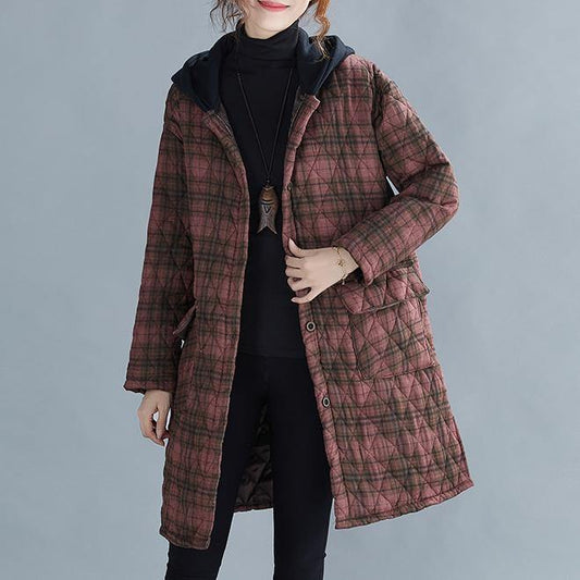  women red plaid coat plus size Coats hooded pockets overcoat -  - DYAVOR® 