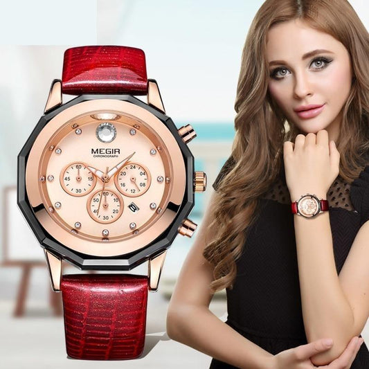 Women's Chronograph Red Leather Strap Quartz Watches with Luminous Hands