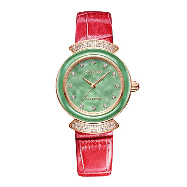 Women's Diamond Emerald Slim Dial Genuine Leather Quartz Watch