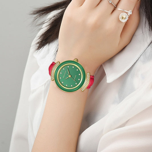 Women's Diamond Emerald Slim Dial Genuine Leather Quartz Watch