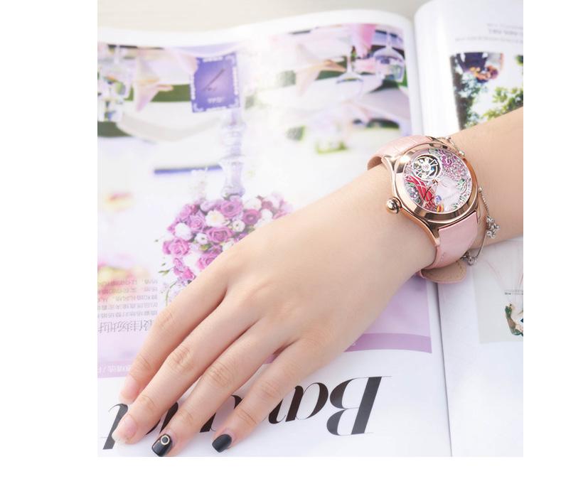 Women's Luxury Fashion Rose Gold Pink Dial Leather Strap Mechanical Watches