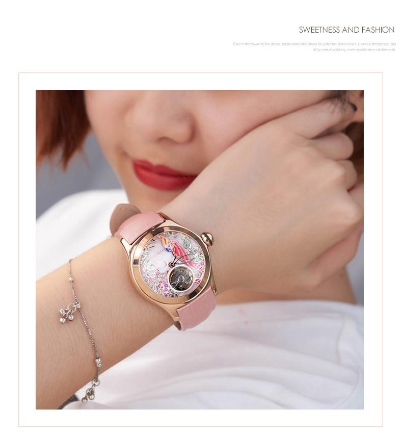 Women's Luxury Fashion Rose Gold Pink Dial Leather Strap Mechanical Watches