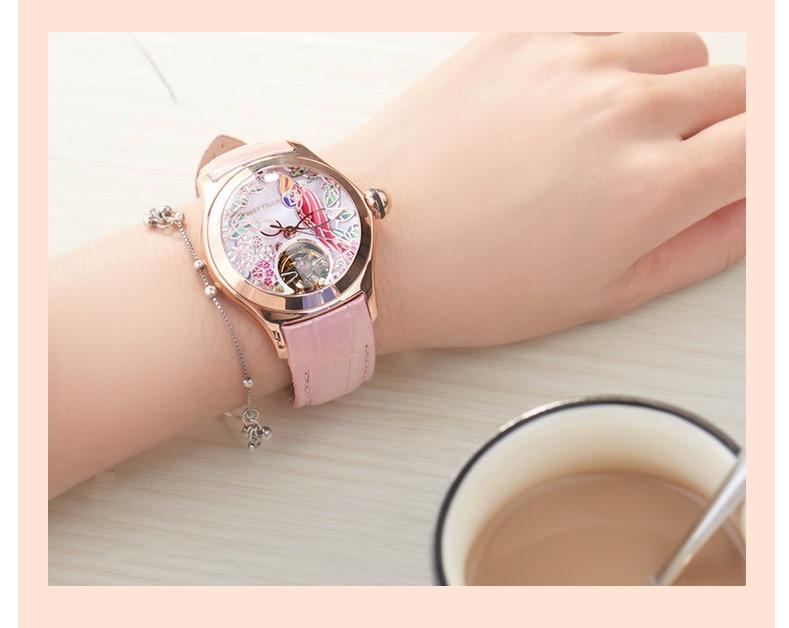 Women's Luxury Fashion Rose Gold Pink Dial Leather Strap Mechanical Watches