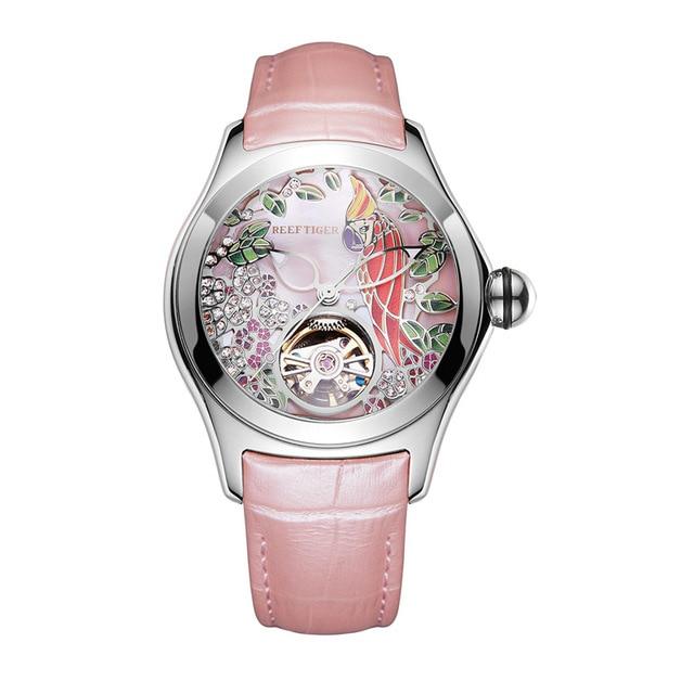 Women's Luxury Fashion Rose Gold Pink Dial Leather Strap Mechanical Watches