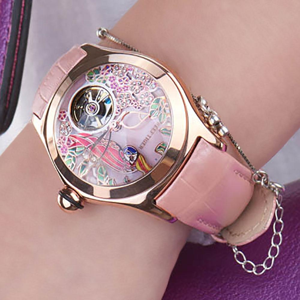 Women's Luxury Fashion Rose Gold Pink Dial Leather Strap Mechanical Watches