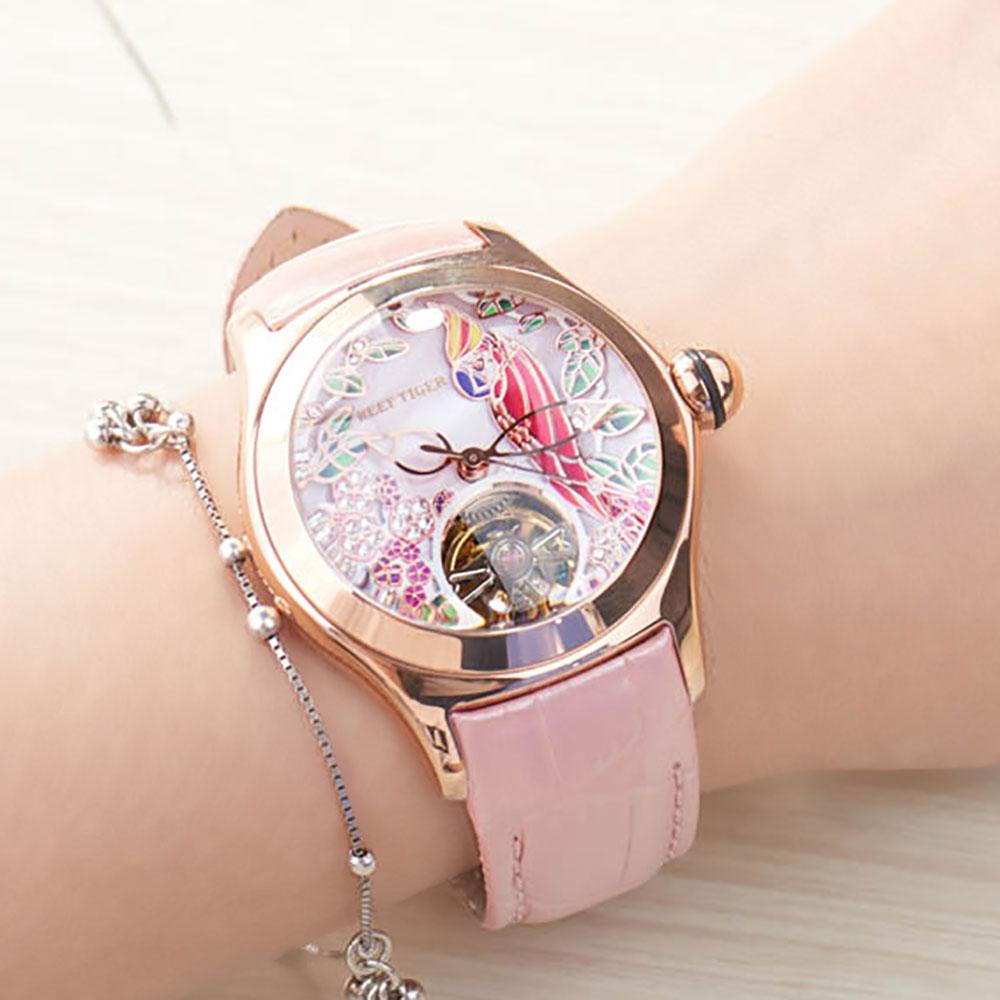 Women's Luxury Fashion Rose Gold Pink Dial Leather Strap Mechanical Watches