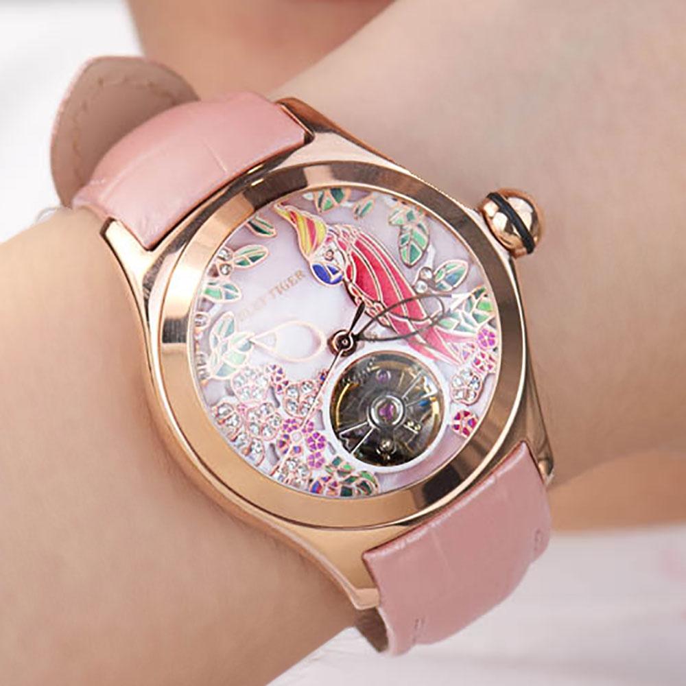 Women's Luxury Fashion Rose Gold Pink Dial Leather Strap Mechanical Watches