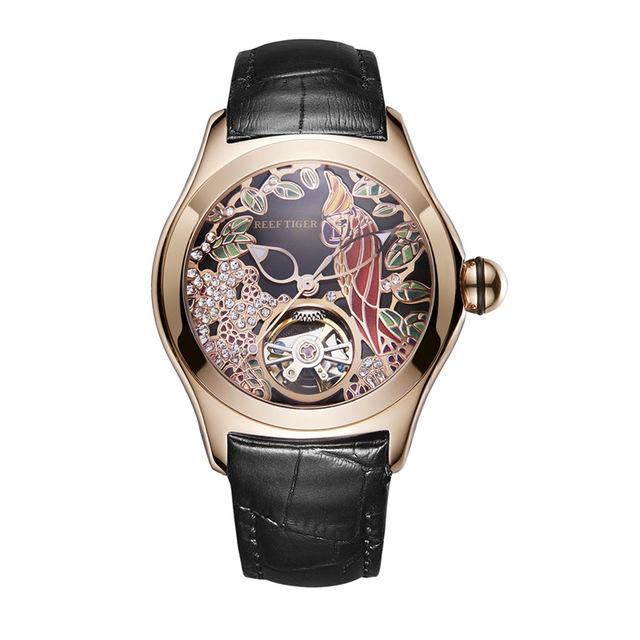 Women's Luxury Fashion Rose Gold Pink Dial Leather Strap Mechanical Watches