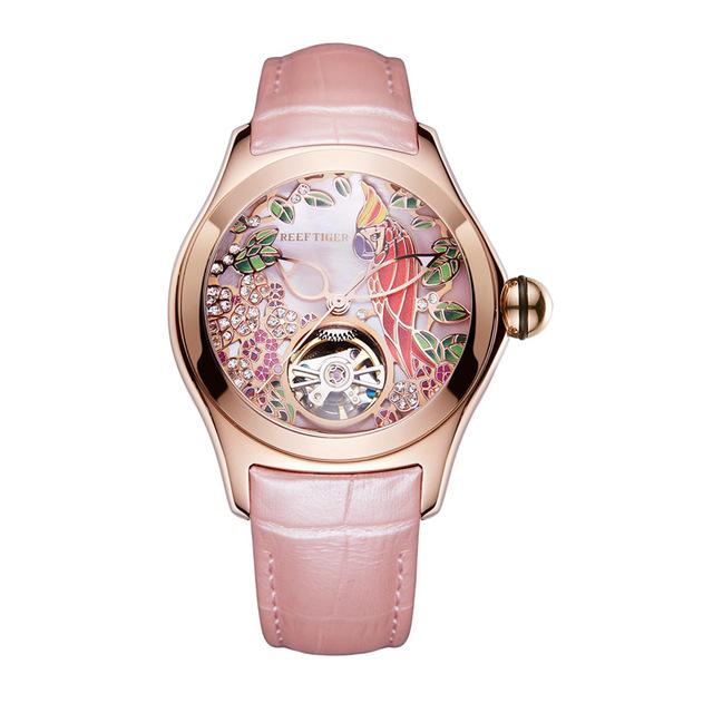 Women's Luxury Fashion Rose Gold Pink Dial Leather Strap Mechanical Watches