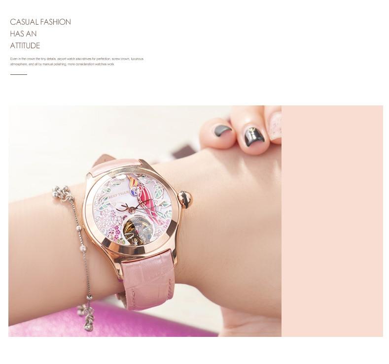 Women's Luxury Fashion Rose Gold Pink Dial Leather Strap Mechanical Watches