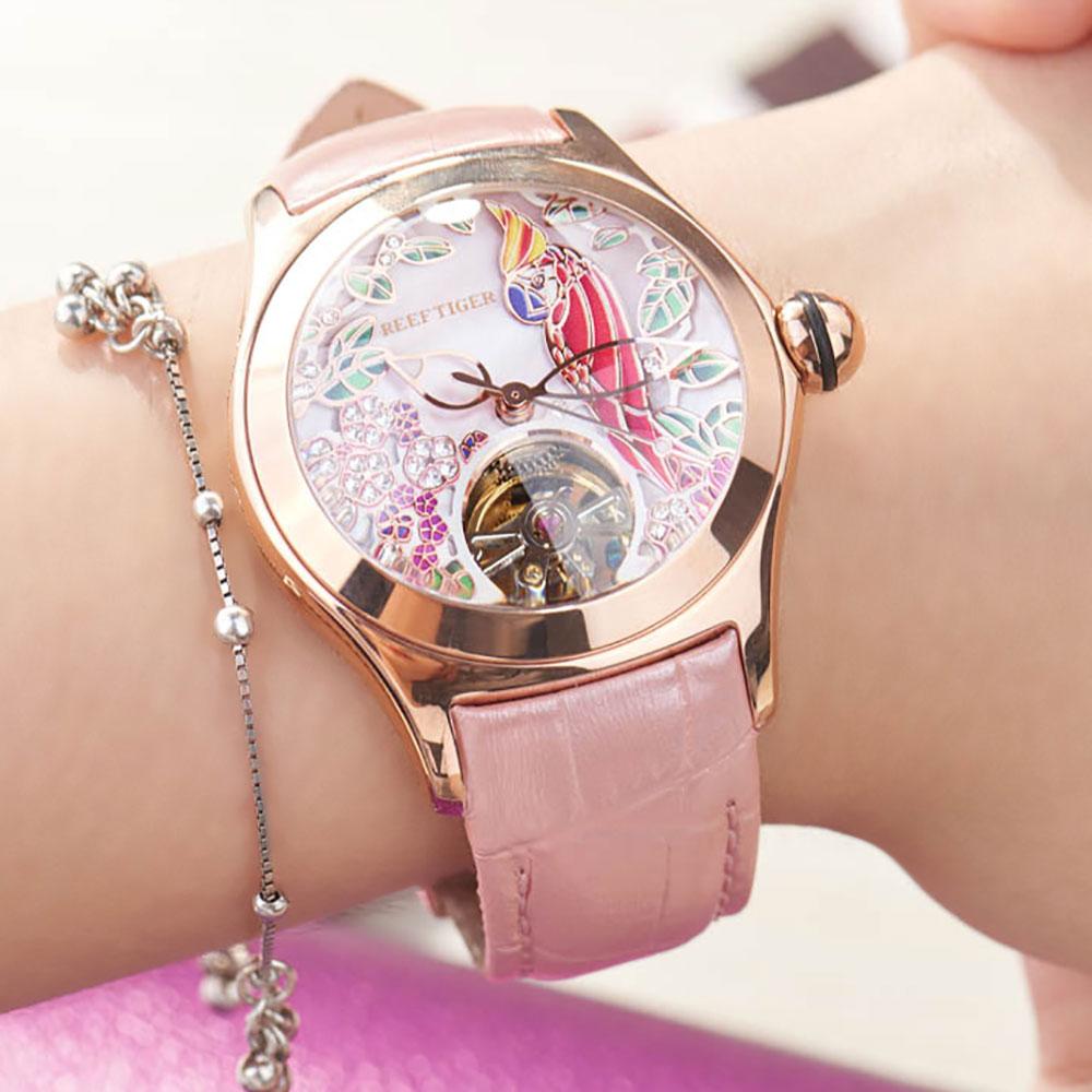 Women's Luxury Fashion Rose Gold Pink Dial Leather Strap Mechanical Watches