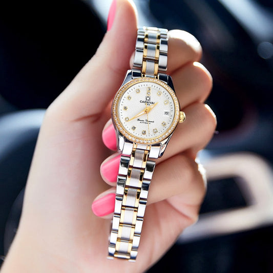 Women's Luxury Rhinestone Automatic Mechanical Date Steel Band Watch