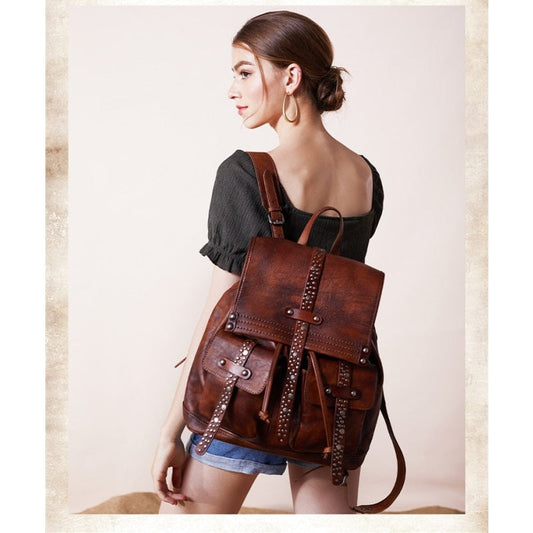  Women's Soft Top Layer Cowhide Handmade Rivet Decor Travel Backpacks - Backpacks - DYAVOR® 